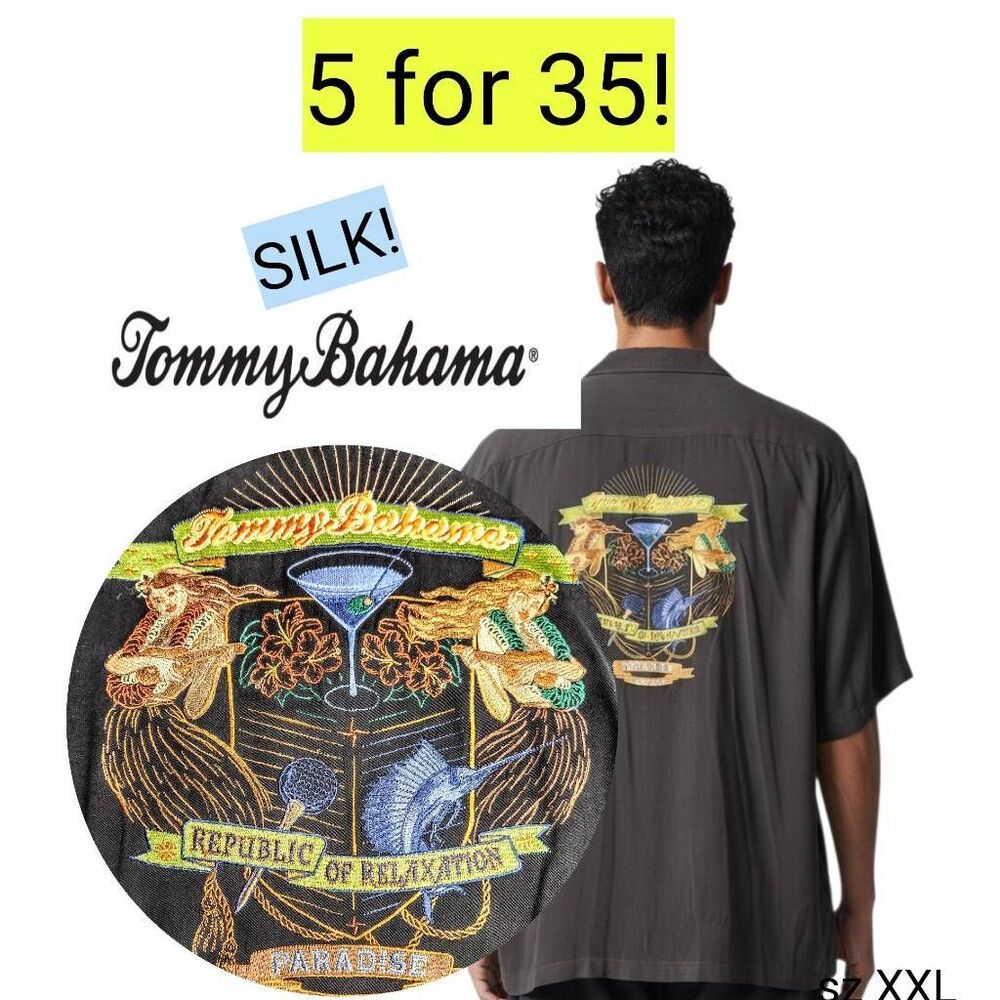 Tommy Bahama Silk Black Embroidered Short Sleeve Shirt Clearance SALE 5 for 35